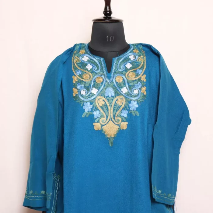 Sea Green Kashmiri Cashmilon Pheran with Badaam Aari for Winter - Image 2