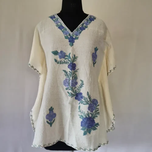 White Girls Cotton Kashmiri Kaftan With Aari Work