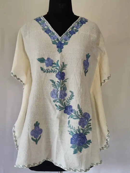 White Girls Cotton Kashmiri Kaftan With Aari Work