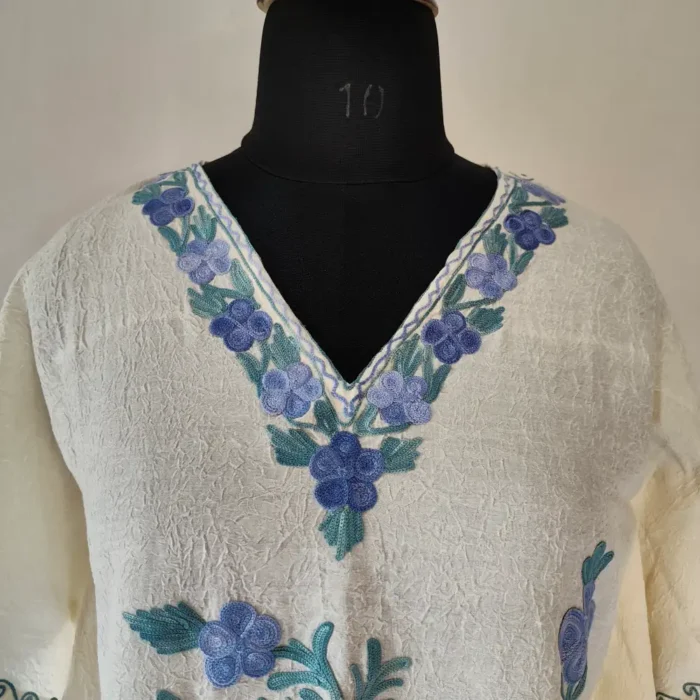 White Girls Cotton Kashmiri Kaftan With Aari Work - Image 4