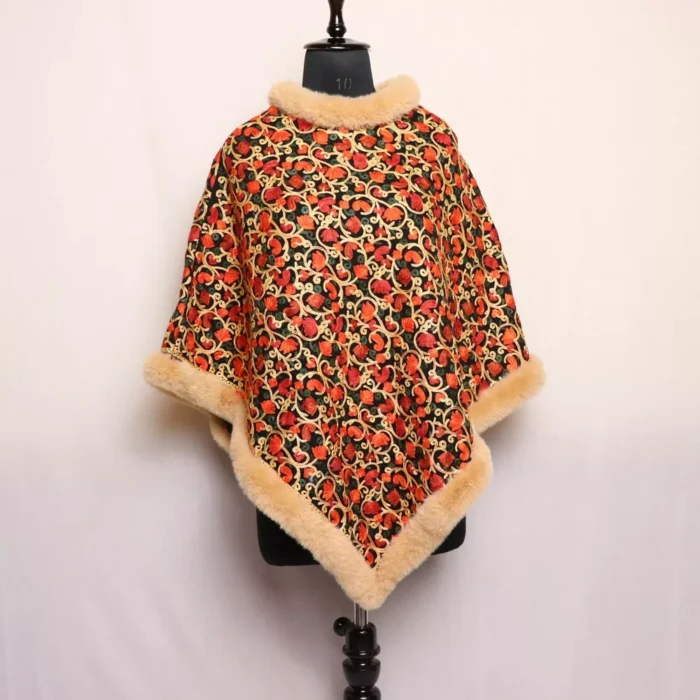 Black Fur Floral Aari Embroidery Poncho
