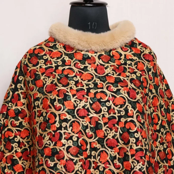 Black Fur Floral Aari Embroidery Poncho - Image 2