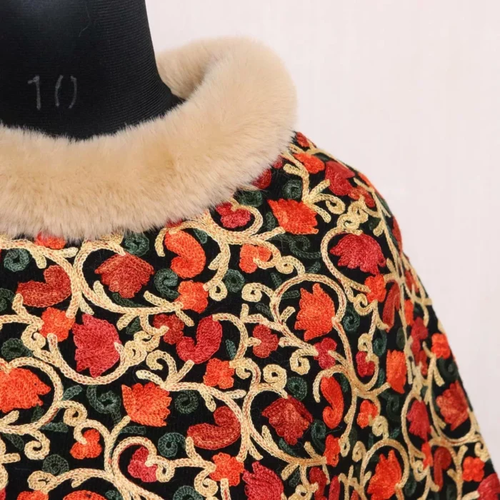 Black Fur Floral Aari Embroidery Poncho - Image 3