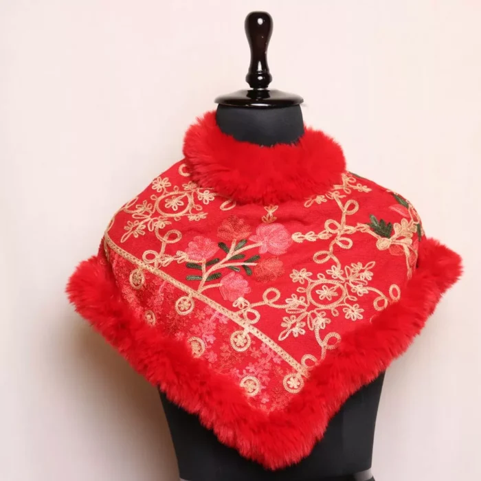 Kids Maroon Winter Wear Poncho Warm Fur