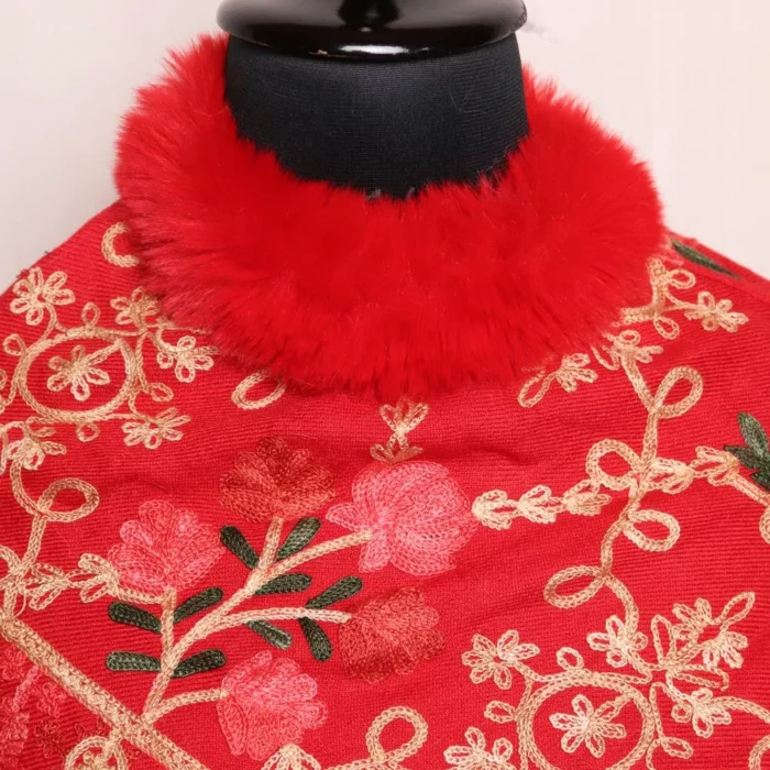 Kids Maroon Winter Wear Poncho Warm Fur - Image 2