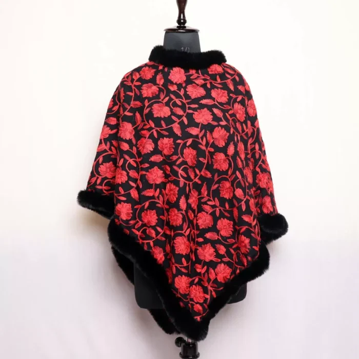 Kashmiri Noorjahan Black Fur Aari Embroidery Poncho