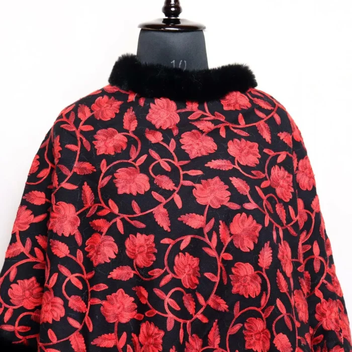 Kashmiri Noorjahan Black Fur Aari Embroidery Poncho - Image 2