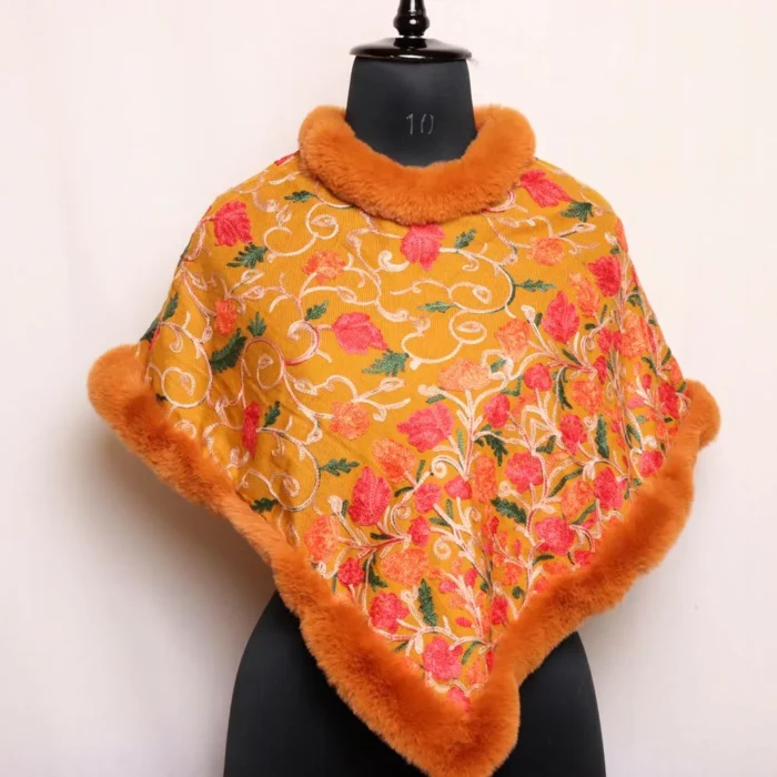 Kids Winter Wear Mustard Fur Poncho Kashmiri Embroidery