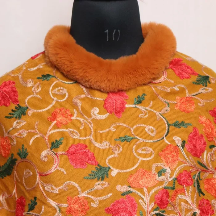Kids Winter Wear Mustard Fur Poncho Kashmiri Embroidery - Image 2