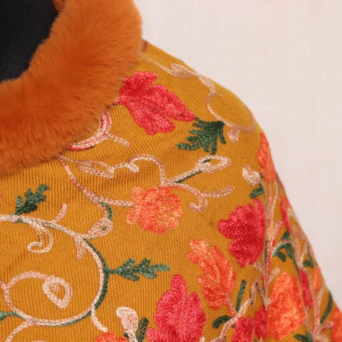 Kids Winter Wear Mustard Fur Poncho Kashmiri Embroidery - Image 3