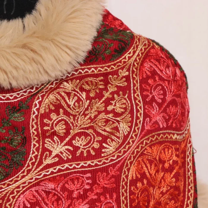 Maroon Kids Winter Wear Beautiful Fur Poncho - Image 3