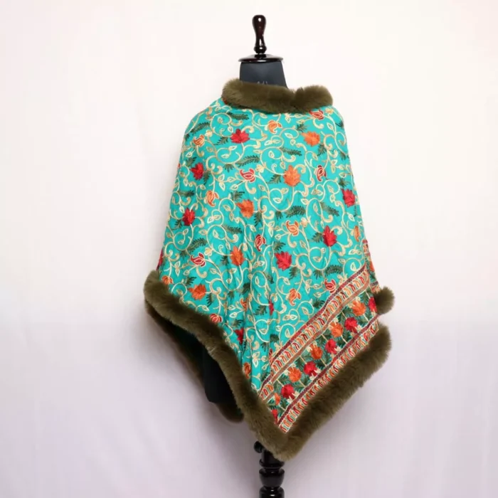 Green Winter Warm Kashmiri Poncho Aari Crafted