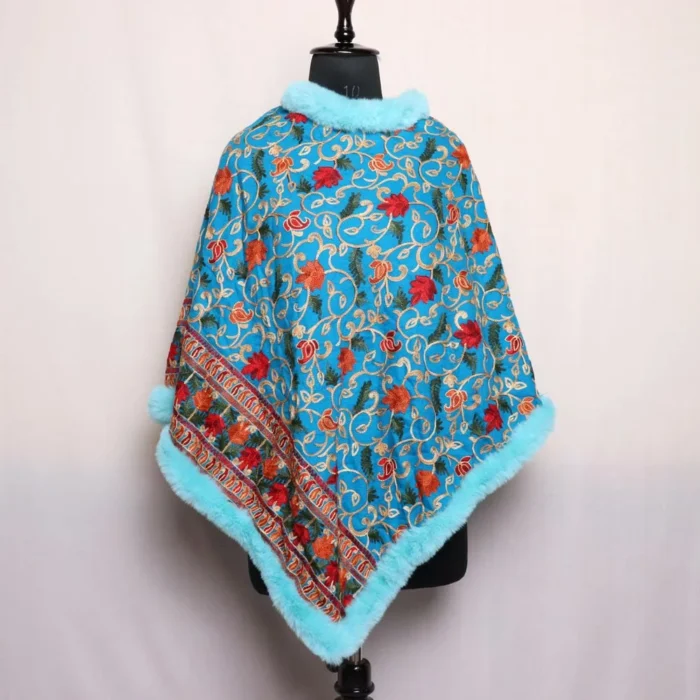 Firozi Floral Designed Kashmiri Poncho