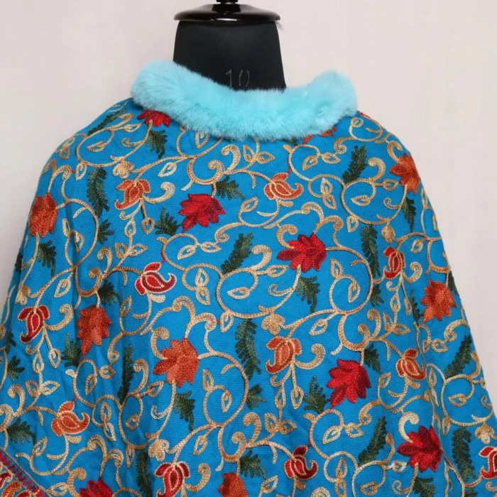 Firozi Floral Designed Kashmiri Poncho - Image 2