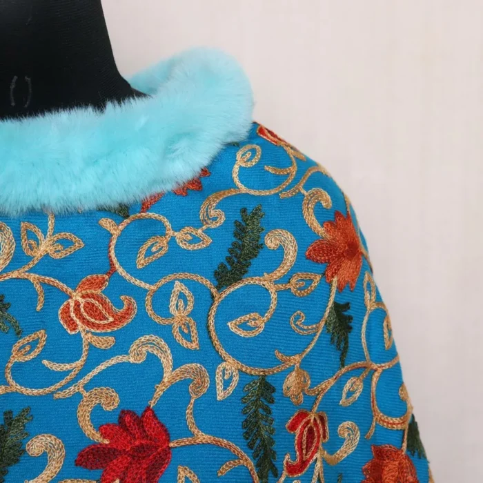 Firozi Floral Designed Kashmiri Poncho - Image 3