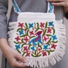 White and Blue Sling Bag With Zip and Crewel Hand Embroidery