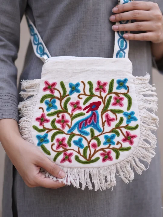 White and Blue Sling Bag With Zip and Crewel Hand Embroidery