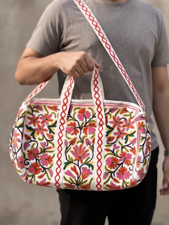 Crewel Handwork White Floral Kashmiri Duffel | Travel Bag | Large