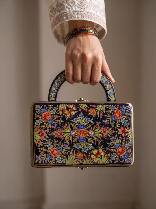 Blue Paper Machie Sling Clutch Bag with Handle