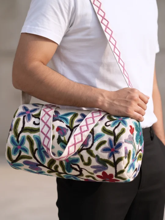 White Floral Kashmiri Duffel Bag | Travel and Gym Bag | Small 12*10