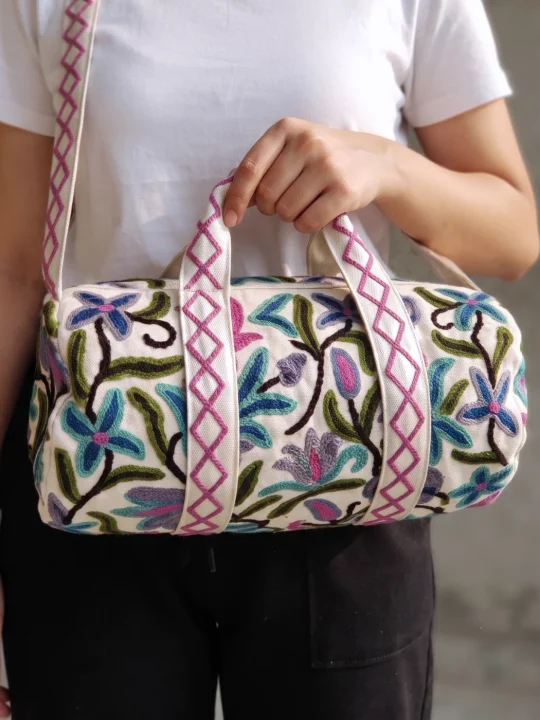 White Floral Kashmiri Duffel Bag | Can be used as Baby Bag | Travel Bag | Small