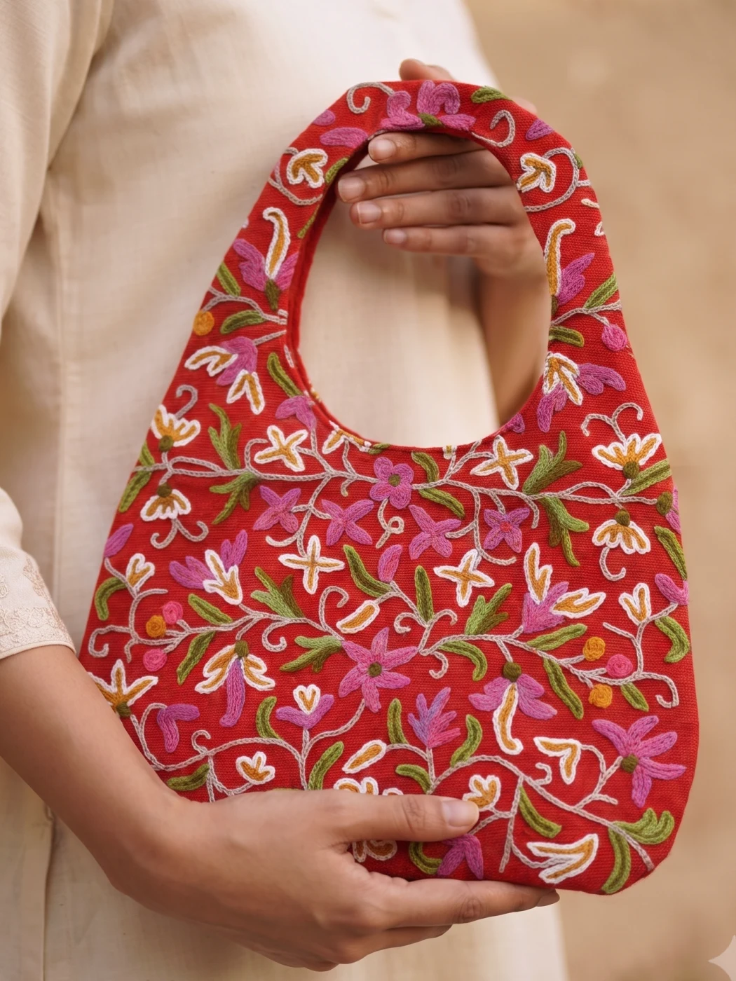 Kashmiri Red Purse Handbag Crewel Handworked | Large