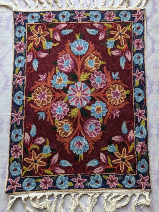 Maroon Kashmiri Chain-Stitch Aasan Mat | Small Rug | Meditation Carpet (1.5ft x 2ft)