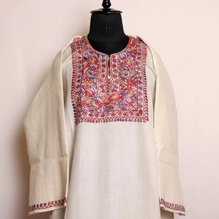 Sozni Work Pheran - White Pure Wool