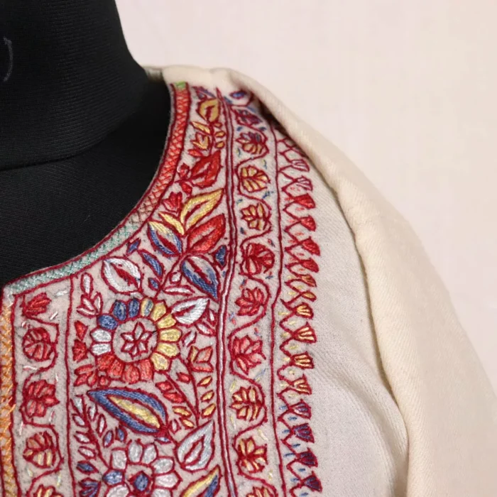 Sozni Work Pheran - White Pure Wool - Image 3