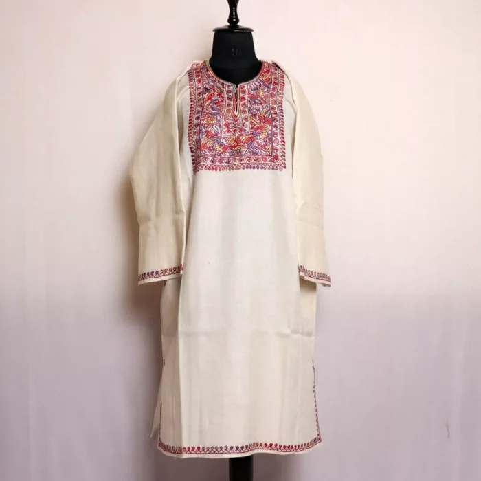 Sozni Work Pheran - White Pure Wool - Image 2