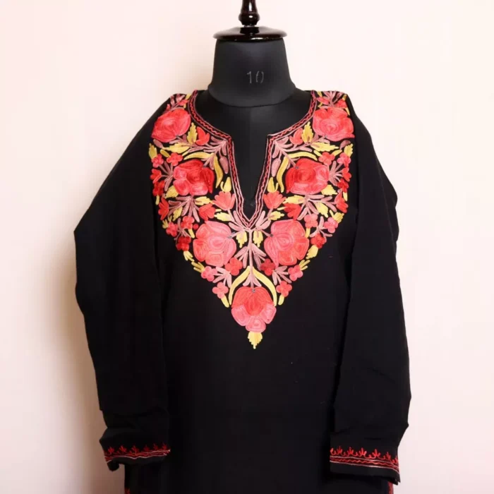 Mehbooba Black Kashmiri Cashmilon Pheran: Elegant Pheran with Aari Embroidery for Winter (W43)