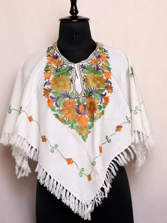 White Humaira Kashmiri Cashmilon Poncho With Aari Embroidery
