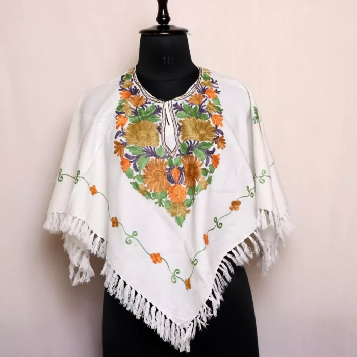 White Humaira Kashmiri Cashmilon Poncho With Aari Embroidery