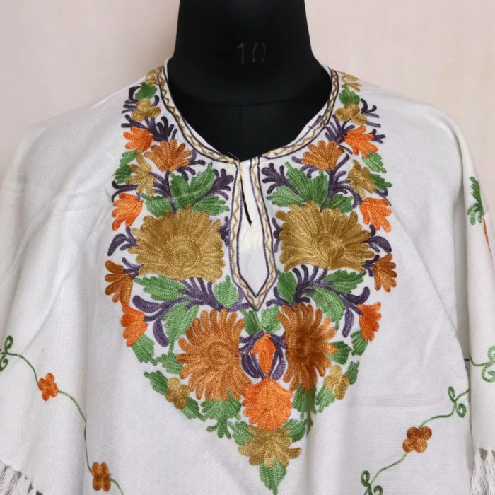 White Humaira Kashmiri Cashmilon Poncho With Aari Embroidery - Image 2