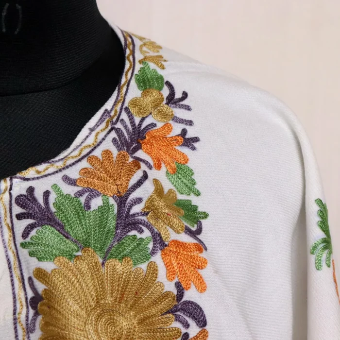 White Humaira Kashmiri Cashmilon Poncho With Aari Embroidery - Image 3