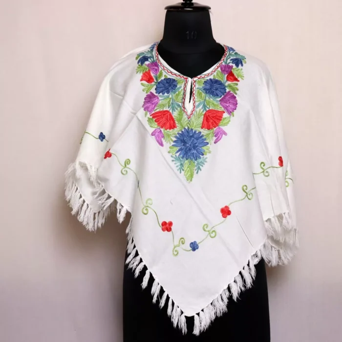 Barjes White Kashmiri Poncho Fine Aari Work