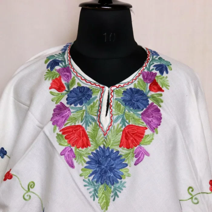 Barjes White Kashmiri Poncho Fine Aari Work - Image 2