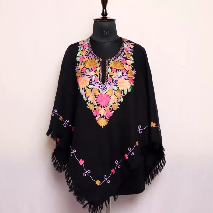 Black Poncho Kashmiri Cashmilon Aari Worked