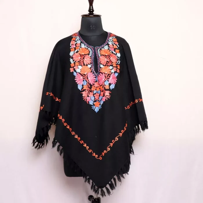 Nousheen Black Kashmiri Poncho Aari Crafted