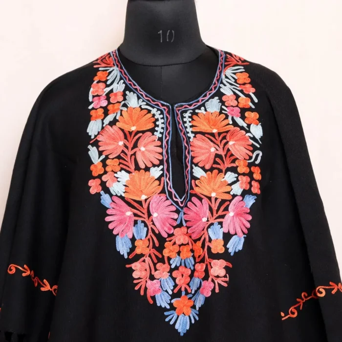 Nousheen Black Kashmiri Poncho Aari Crafted - Image 2