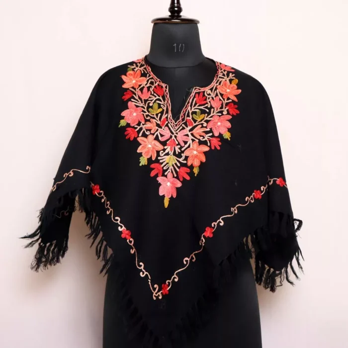 Kashmiri Poncho Black Chinar Aari Embroidery