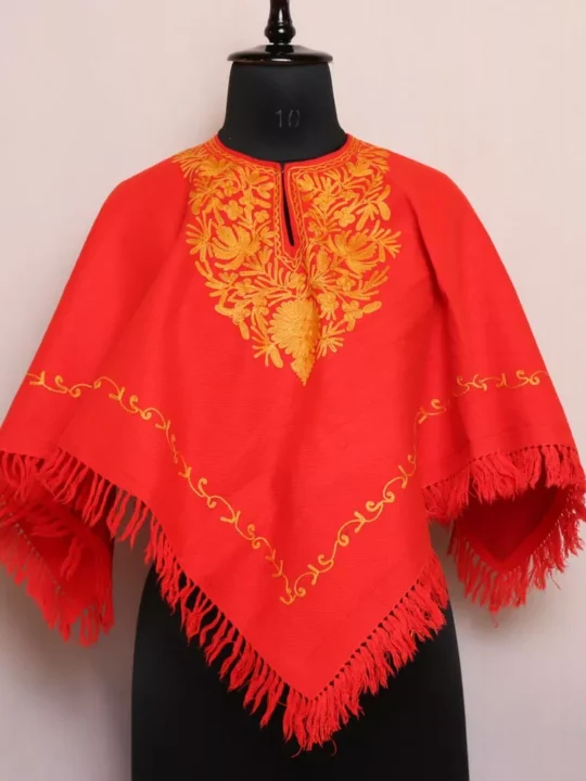 Wazul Red Kashmiri Poncho in Aari Embroidery