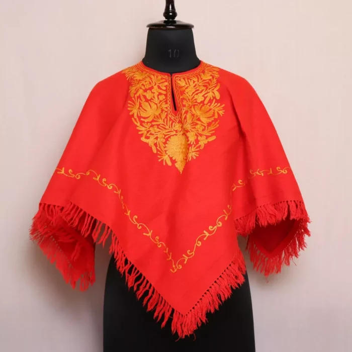 Wazul Red Kashmiri Poncho in Aari Embroidery