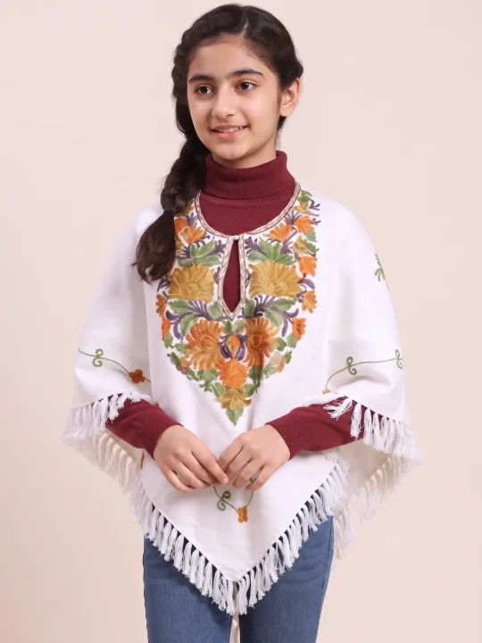 White Humaira Kashmiri Cashmilon Poncho With Aari Embroidery