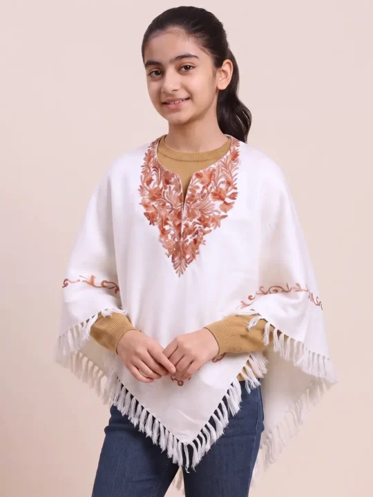 Kashmiri White Poncho Mehndi Aari Embroidery