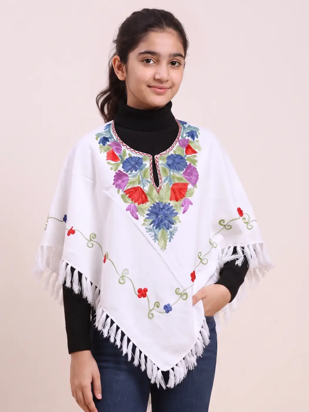 Barjes White Kashmiri Poncho Fine Aari Work