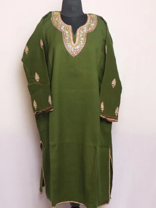 Shabnam Green Raffal Kashmiri Dress with Tilla and Hand Sozni Embroidery