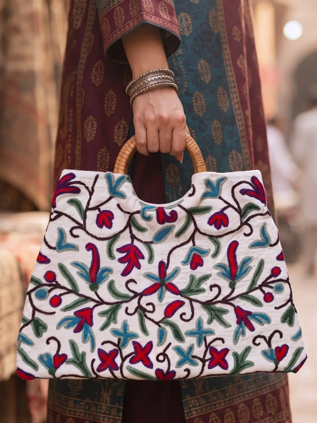 White Triangle Ring Bag With Crewel Hand Embroidery (15*12) – Large