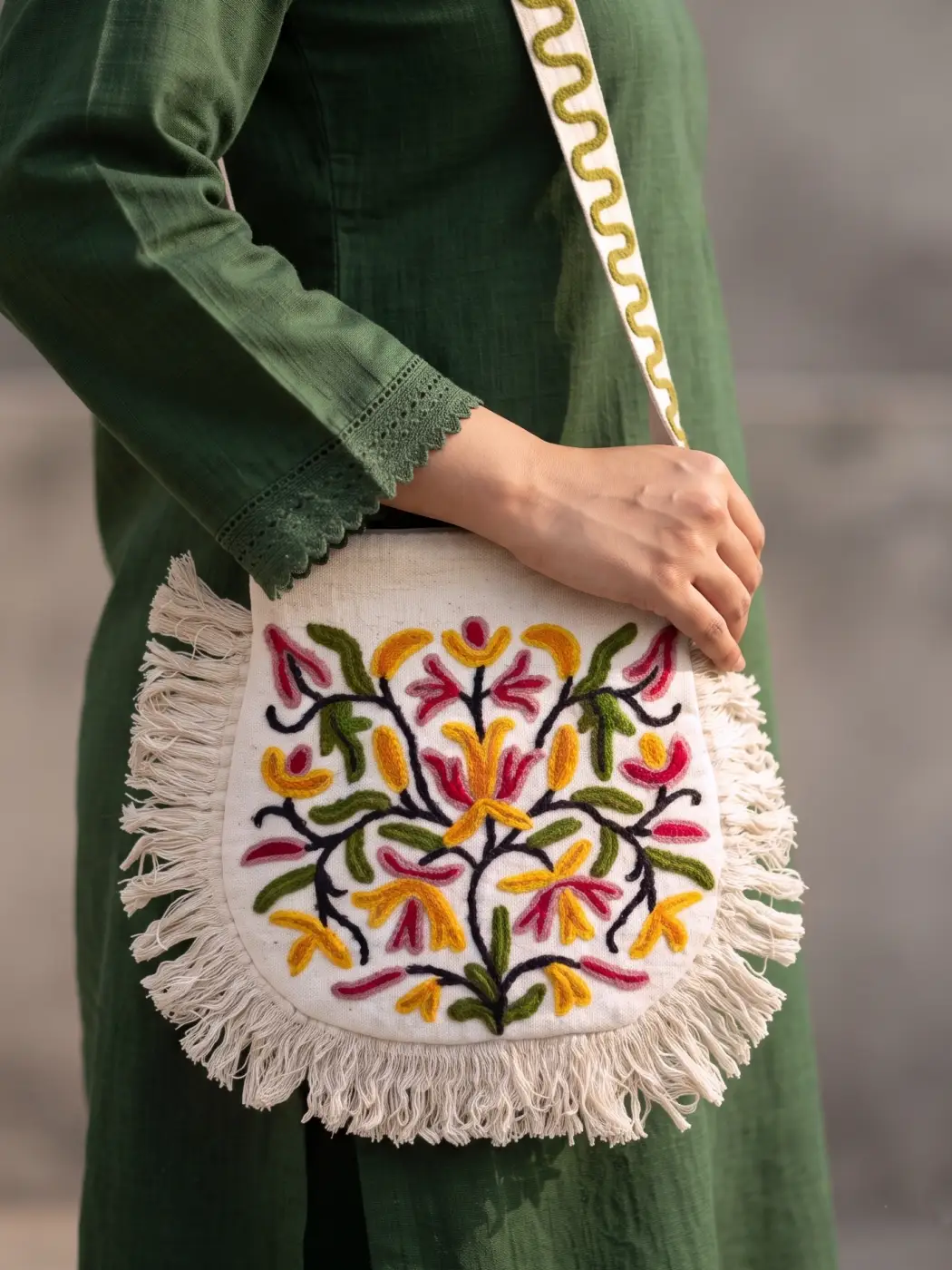 White Kashmiri Sling Bag With Zip and Crewel Hand Embroidery