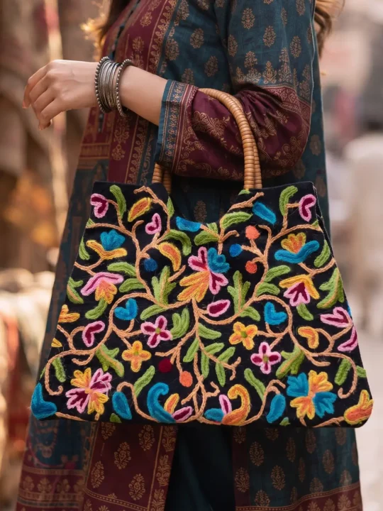 Black Triangle Ring Bag With Crewel Hand Embroidery (15*12) | Large